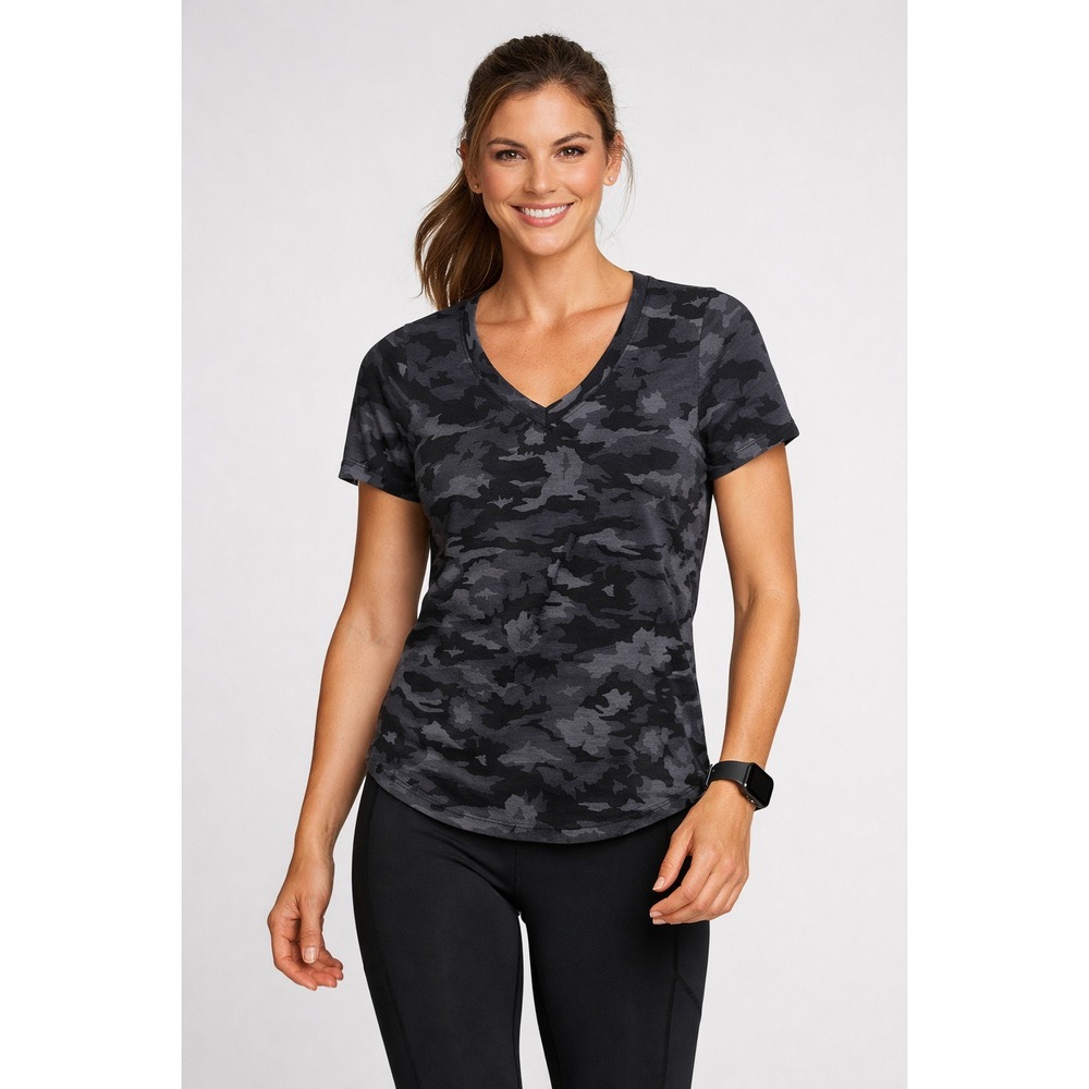Athleta Women's Breezy Scoop V‑Neck Black  Gray  Camo Tee  Stretch  Top  Size  S